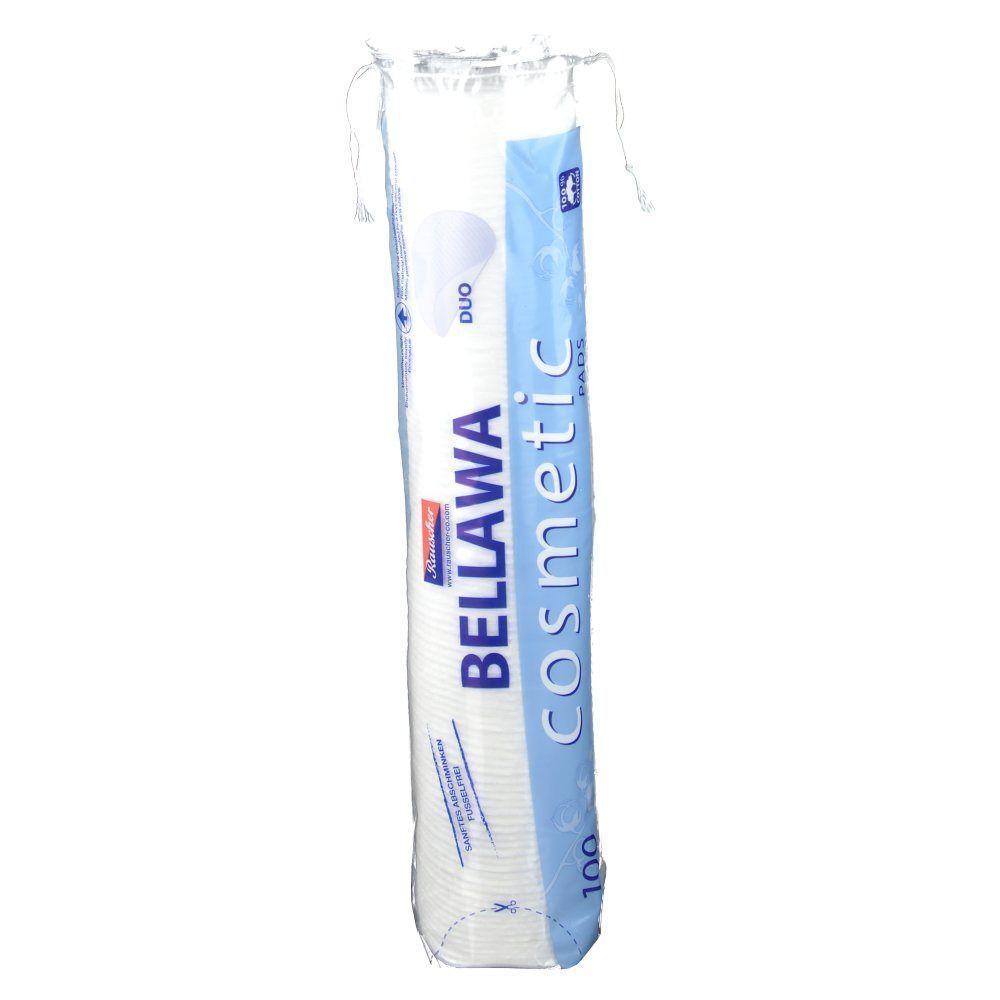 Eine Packung Wattepads. Aufschrift: BELLAWA Cosmetic PADS. Duo-Packung. Enthält 100 Pads.