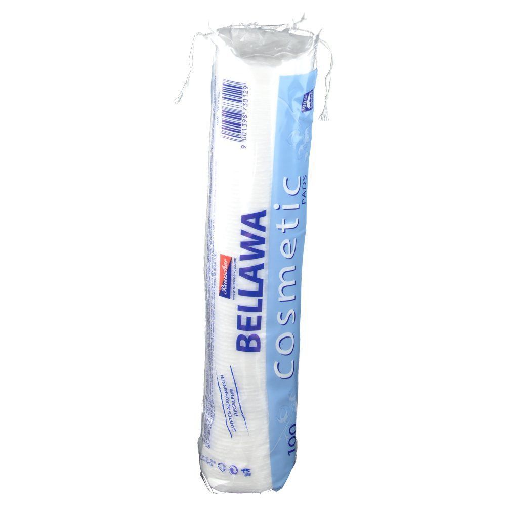 Eine Packung Wattepads. Aufschrift: BELLAWA Cosmetic PADS. Enthält 100 Pads.