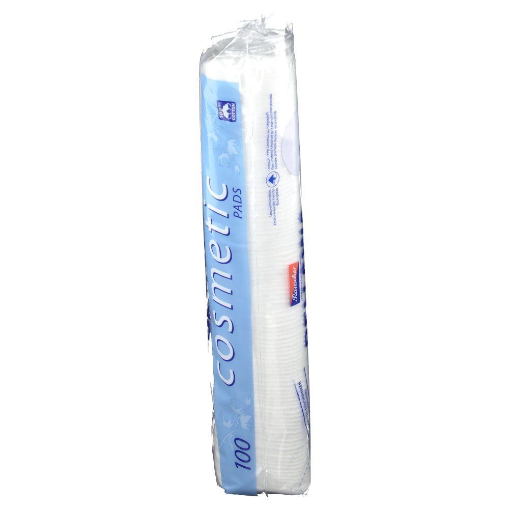 Eine Packung Wattepads. Aufschrift: Cosmetic PADS. Enthält 100 Pads. Seitliche Ansicht.