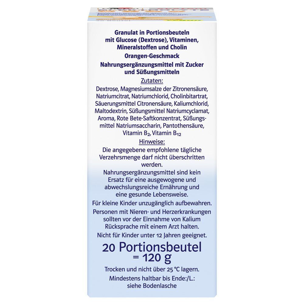 Seite der Doppelherz system ELEKTROLYTE RECHARGE Packung. Zutatenliste, Verzehrempfehlung. 20 Portionsbeutel = 120 g.