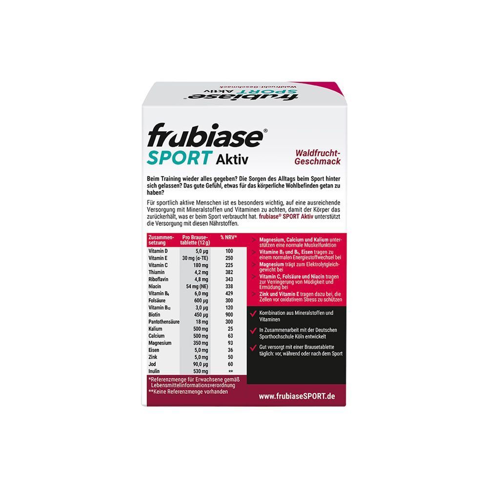 Rückseite einer frubiase® SPORT-Packung. Enthält Nährwertangaben und Informationen zum Produkt.