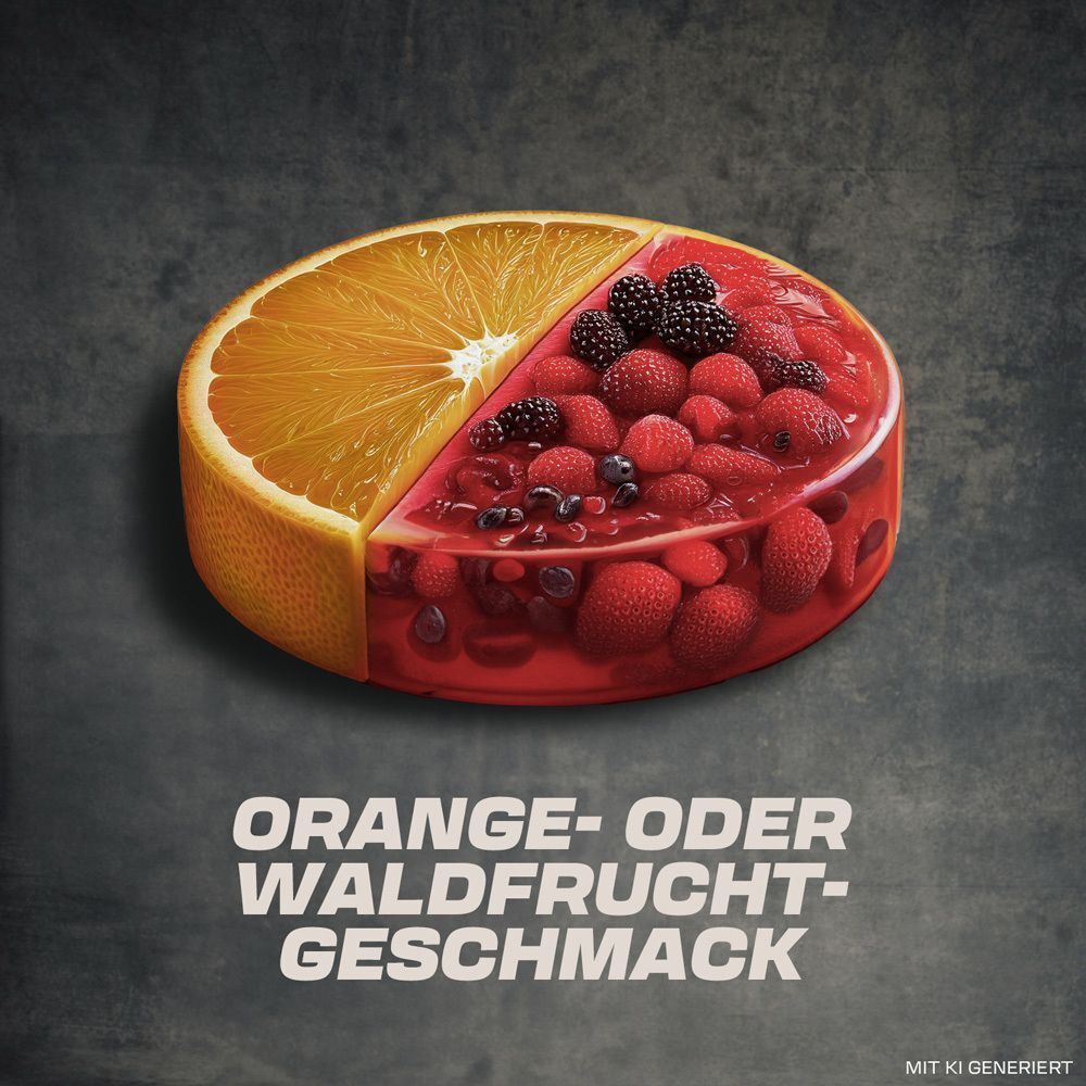 Halbe Orange und Waldfrüchte in Gelee. Text: Orange- oder Waldfrüchte-Geschmack.