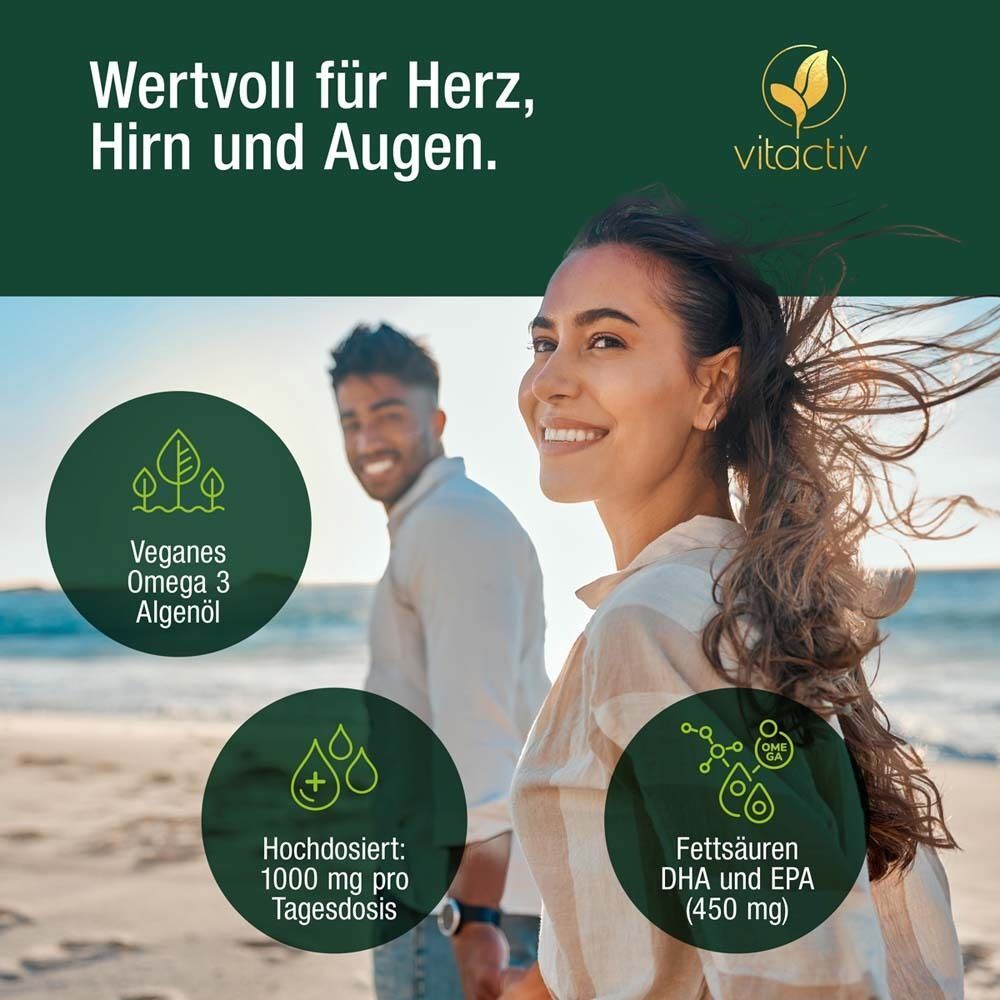 Grafik mit zwei Personen am Strand. Kreise mit Text: Veganes Omega 3 Algenöl, 1000 mg pro Tagesdosis, DHA und EPA.
