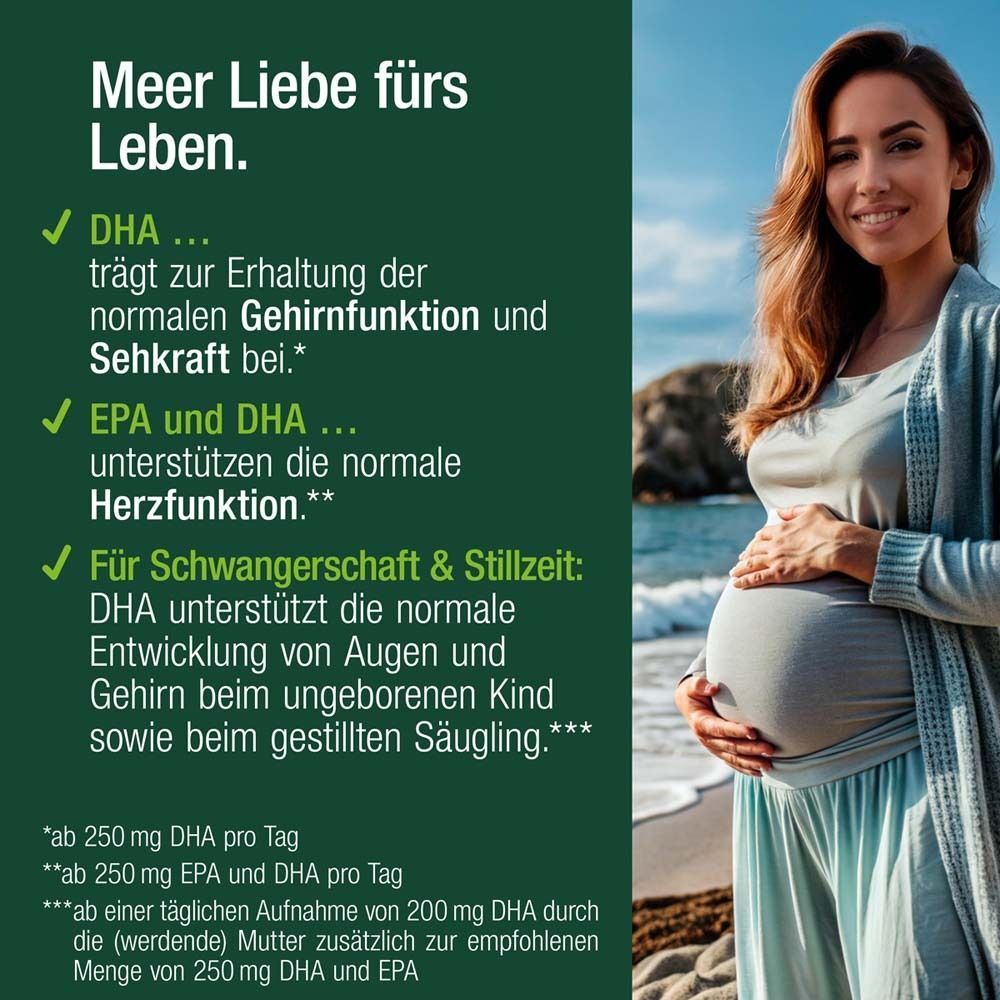 Schwangere Frau am Strand. Text: DHA für Gehirn und Sehkraft, EPA und DHA für Herzfunktion, DHA für Schwangerschaft & Stillzeit.