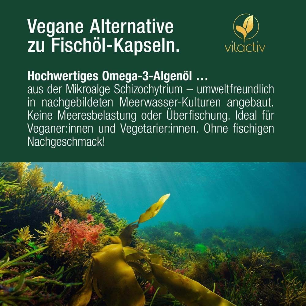 Unterwasseraufnahme von Algen. Text: Vegane Alternative zu Fischöl-Kapseln. Hochwertiges Omega-3-Algenöl aus Mikroalgen.
