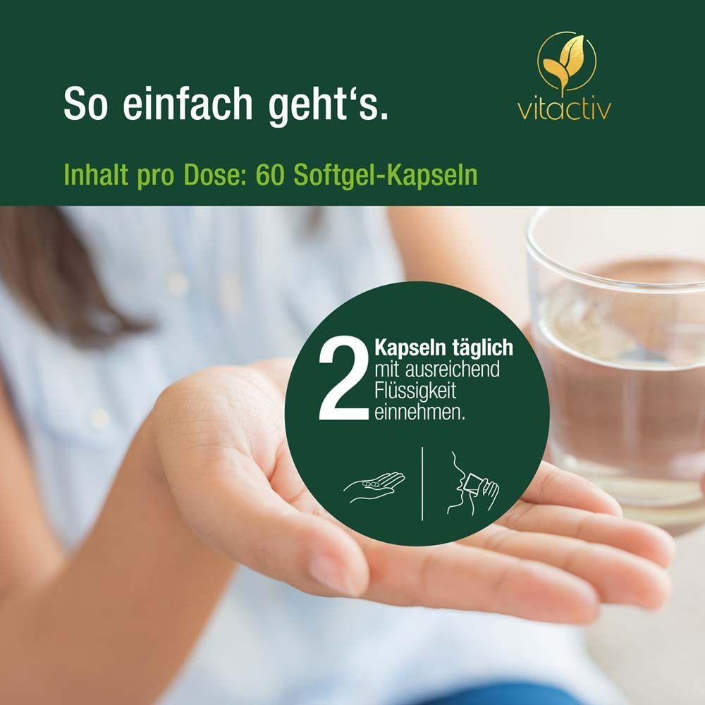 Hand mit zwei Kapseln. Text: 2 Kapseln täglich mit ausreichend Flüssigkeit einnehmen. Grafik einer Person, die eine Kapsel schluckt.