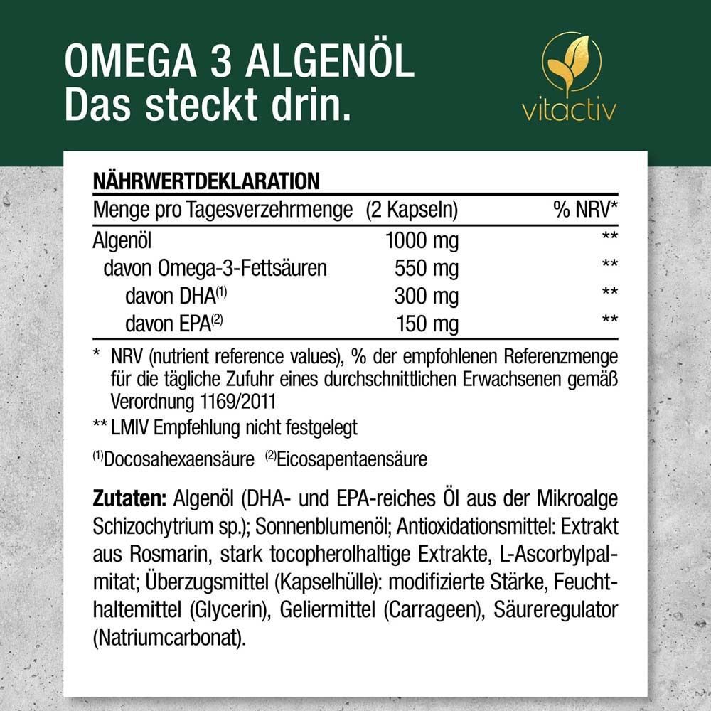 Nährwertdeklaration für vitactiv Omega 3 Algenöl. Angaben zu Algenöl, Omega-3-Fettsäuren, DHA und EPA. Zutatenliste.