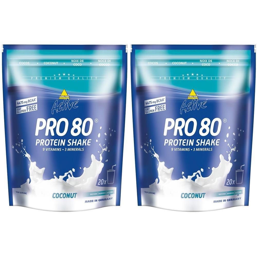 Zwei Beutel Inkospor Active Pro 80 Protein Shake. Blaue Verpackung mit Produktnamen, Kokosnuss-Geschmack und 20 Portionen. Enthält Vitamine und Mineralien.