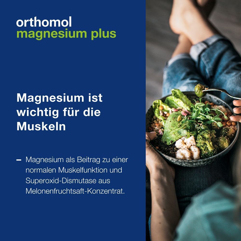Person hält Schüssel mit Essen. Text: Magnesium ist wichtig für die Muskeln. Orthomol Magnesium Plus.
