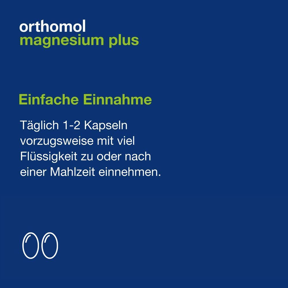 Text auf blauem Hintergrund. Einfache Einnahme. Täglich 1-2 Kapseln. Zwei weiße Kapsel-Symbole.