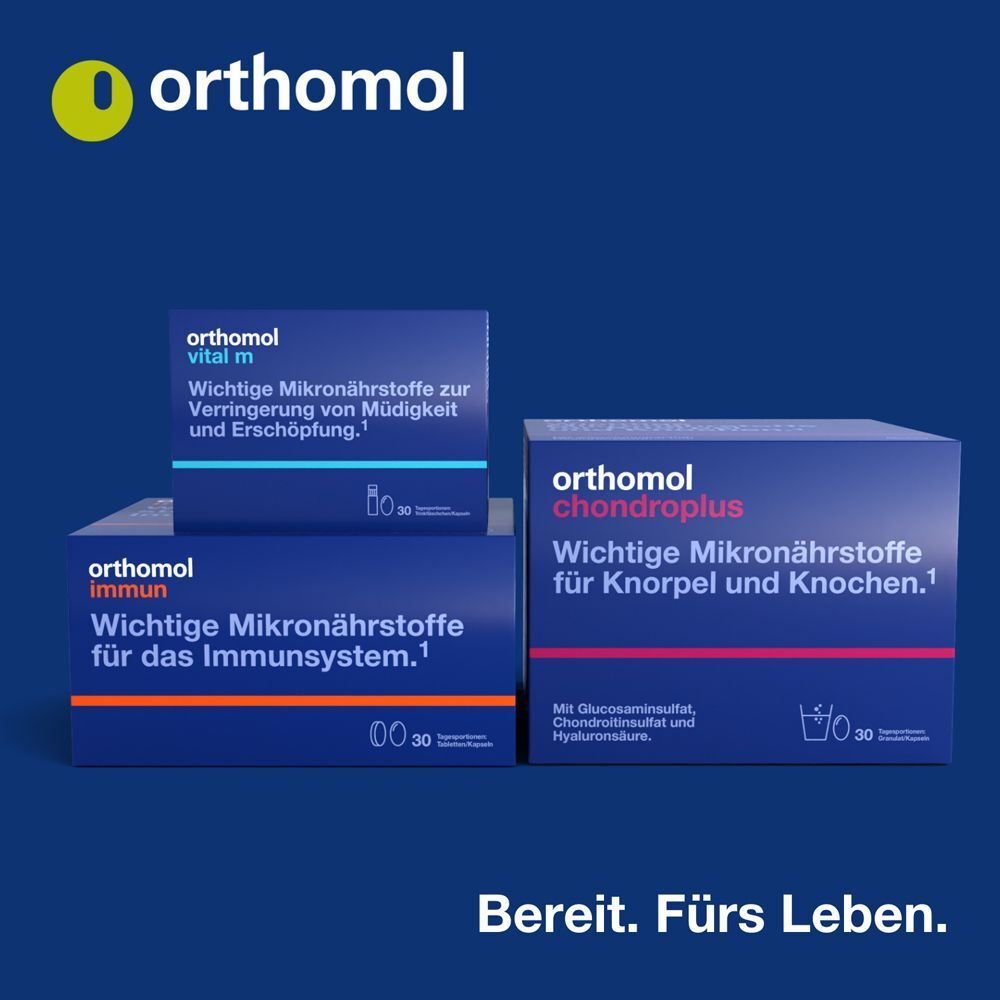 Mehrere Orthomol-Produktboxen. Vital M, Immun, Chondroplus. Bereit. Fürs Leben.