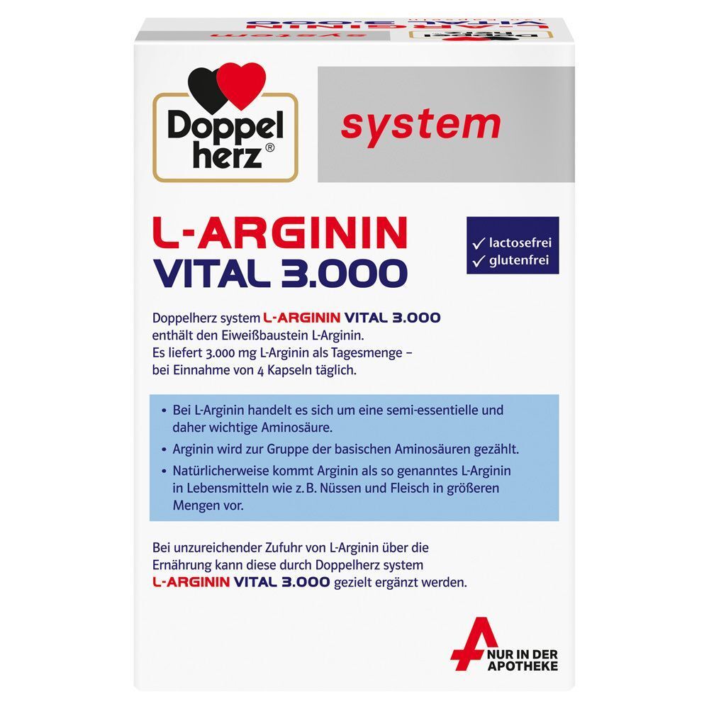 Weiße Schachtel Doppelherz system L-ARGININ VITAL 3.000. Textinformationen und Logo. Enthält Informationen zu L-Arginin.