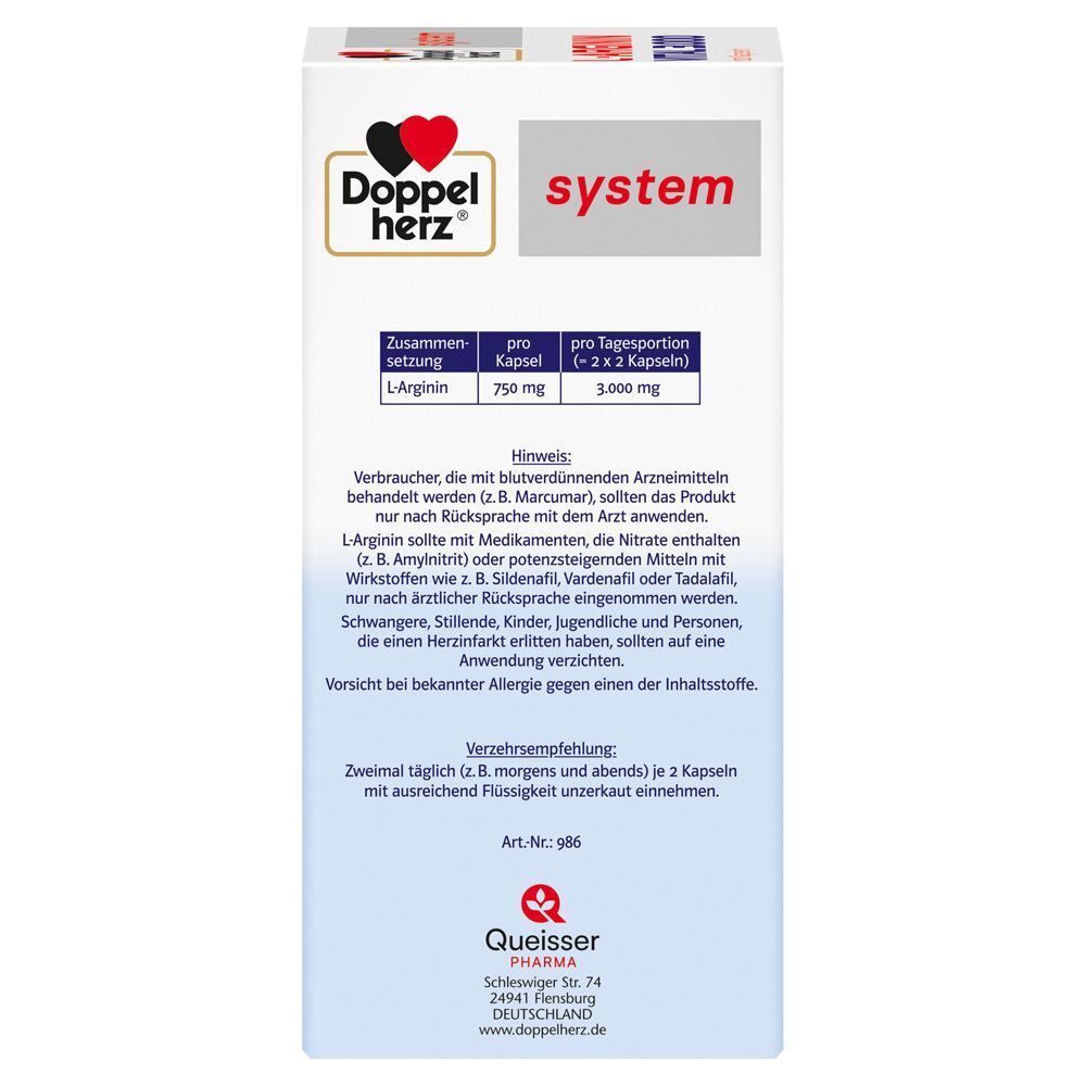 Rückseite der Schachtel Doppelherz system L-ARGININ VITAL 3.000. Enthält Informationen zur Anwendung und Inhaltsstoffe.