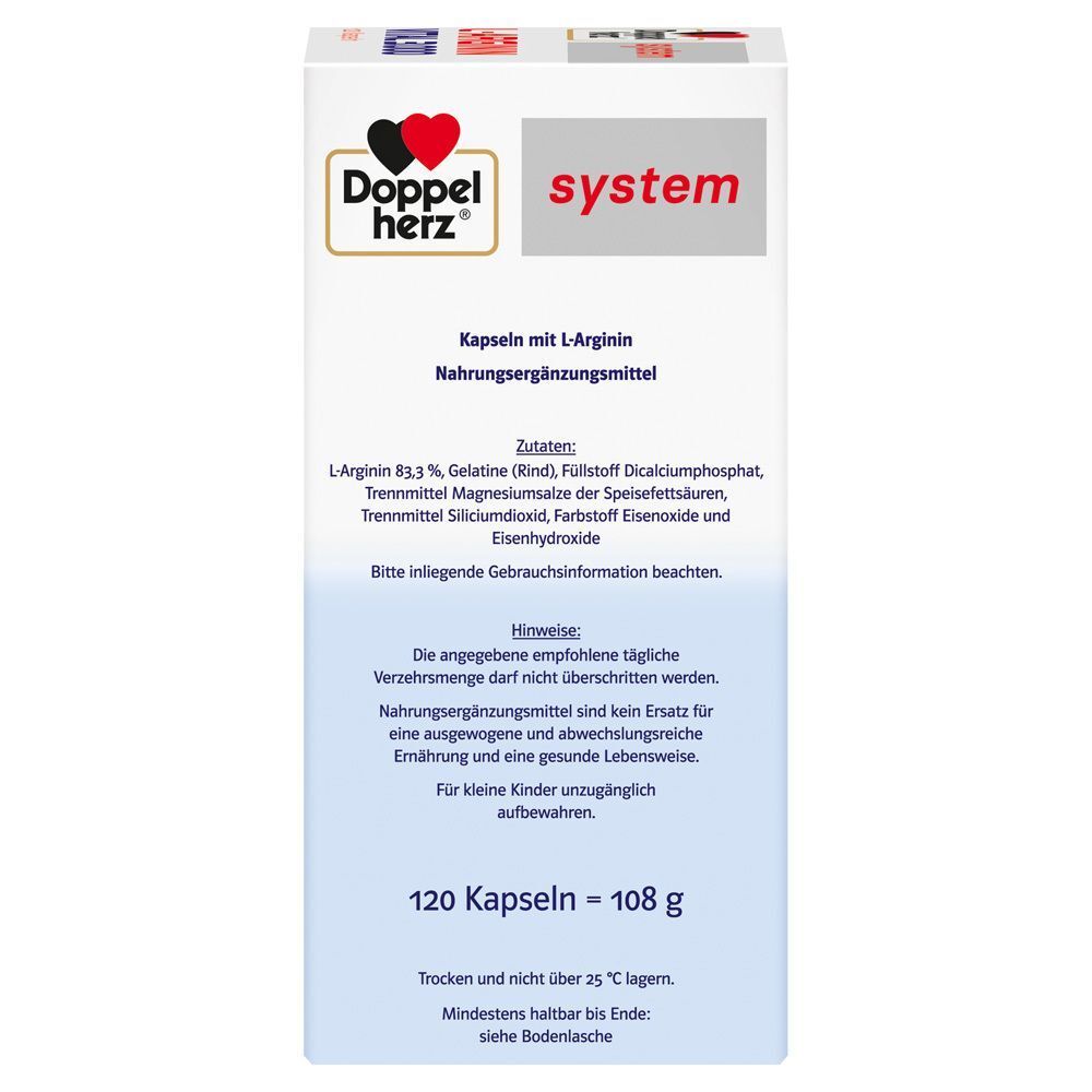 Schachtel Doppelherz system L-ARGININ VITAL 3.000. Enthält Informationen zu Inhaltsstoffen und Nährwertangaben. 120 Kapseln.