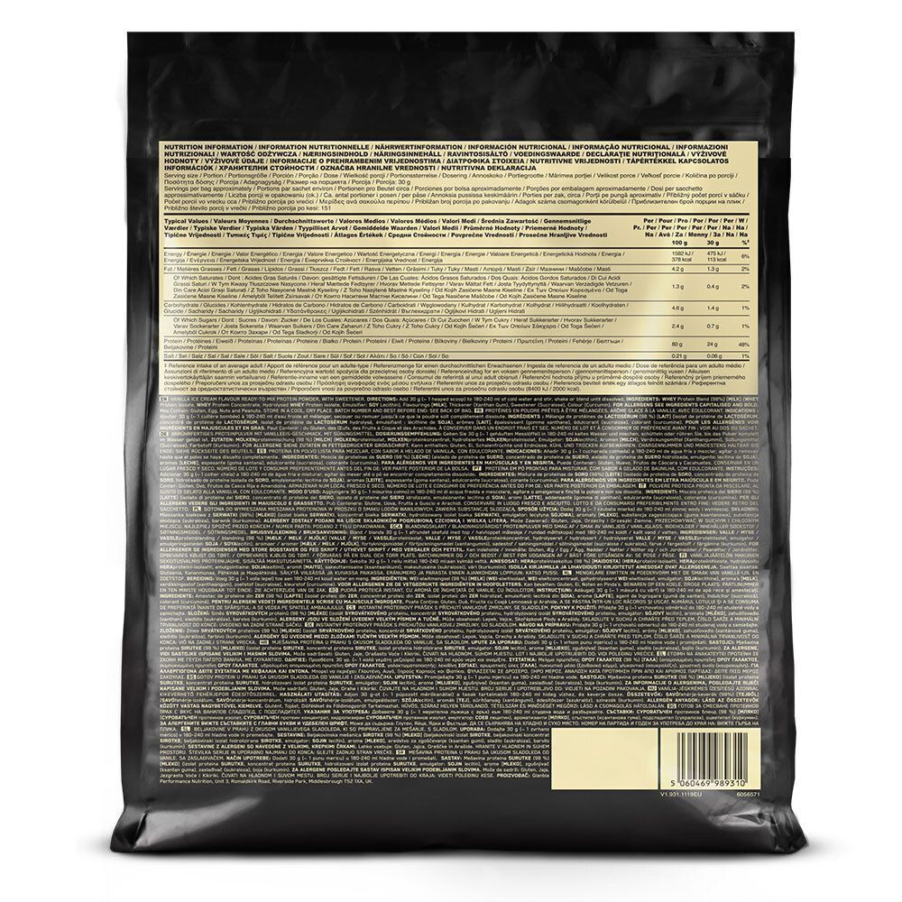 Rückseite eines schwarzen Beutels. Text mit Nährwertangaben und Inhaltsstoffen. Optimum Nutrition 100% Whey Gold Standard.