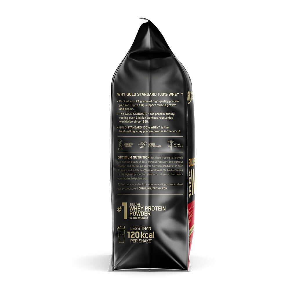 Schwarzer Beutel, Seitenansicht. Text: Optimum Nutrition, Gold Standard 100% Whey. Text: Whey Protein Powder, weniger als 120 kcal pro Shake.