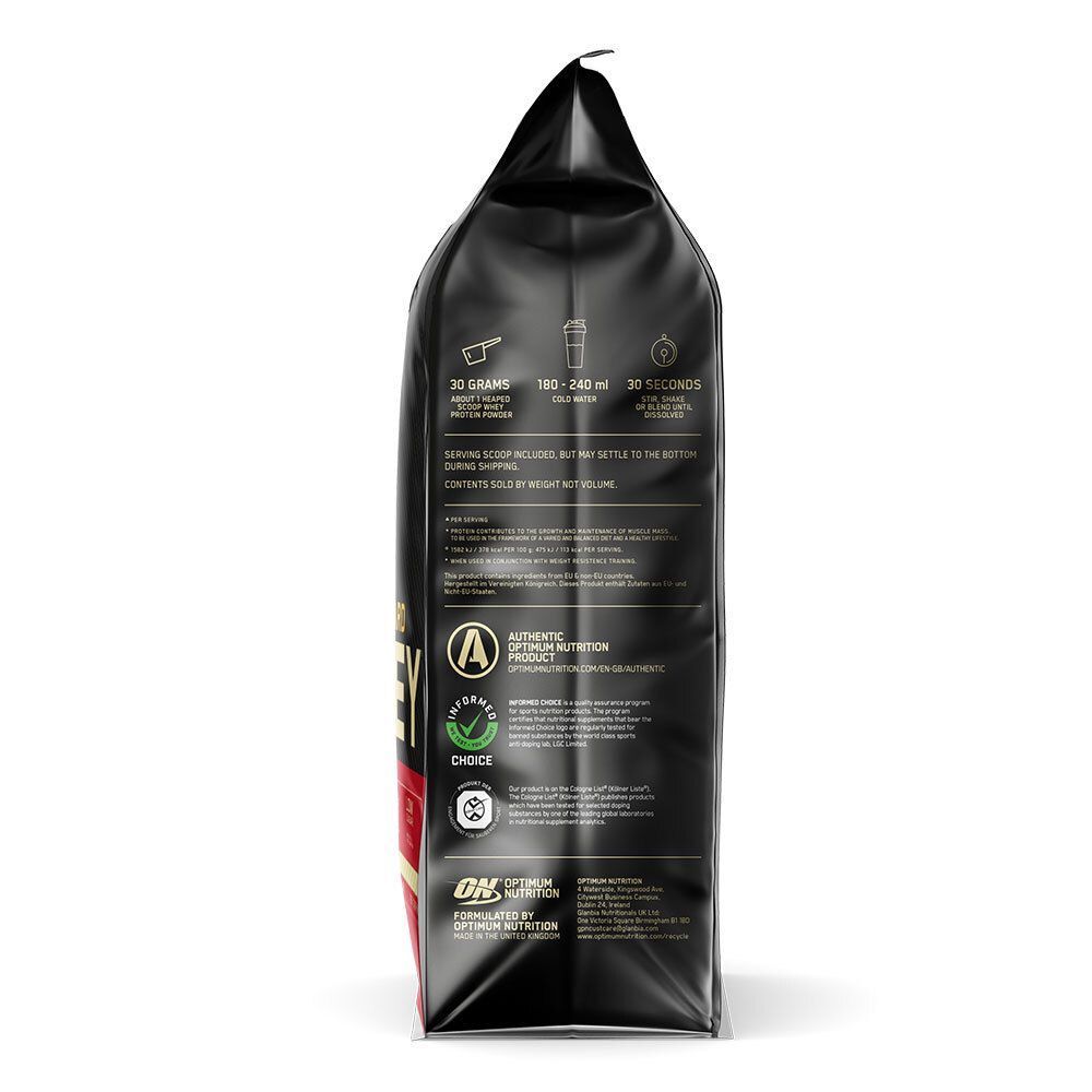 Schwarzer Beutel, Seitenansicht. Text: 30 Gramm Protein, 180/240 ml Wasser, 30 Sekunden. Authentisches Optimum Nutrition.