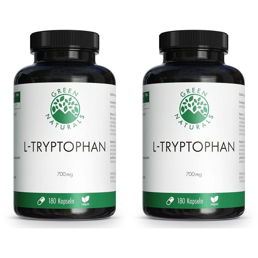 Zwei Flaschen mit schwarzem Deckel und weißem Etikett. Aufschrift: GREEN NATURALS L-Tryptophan 700mg, 180 Kapseln, vegan.
