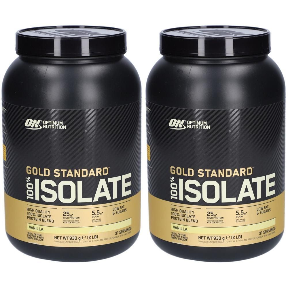 Zwei schwarze Behälter mit dem Etikett "Gold Standard 100% Isolate". Aufschrift: "Optimum Nutrition". Vanille-Geschmack.