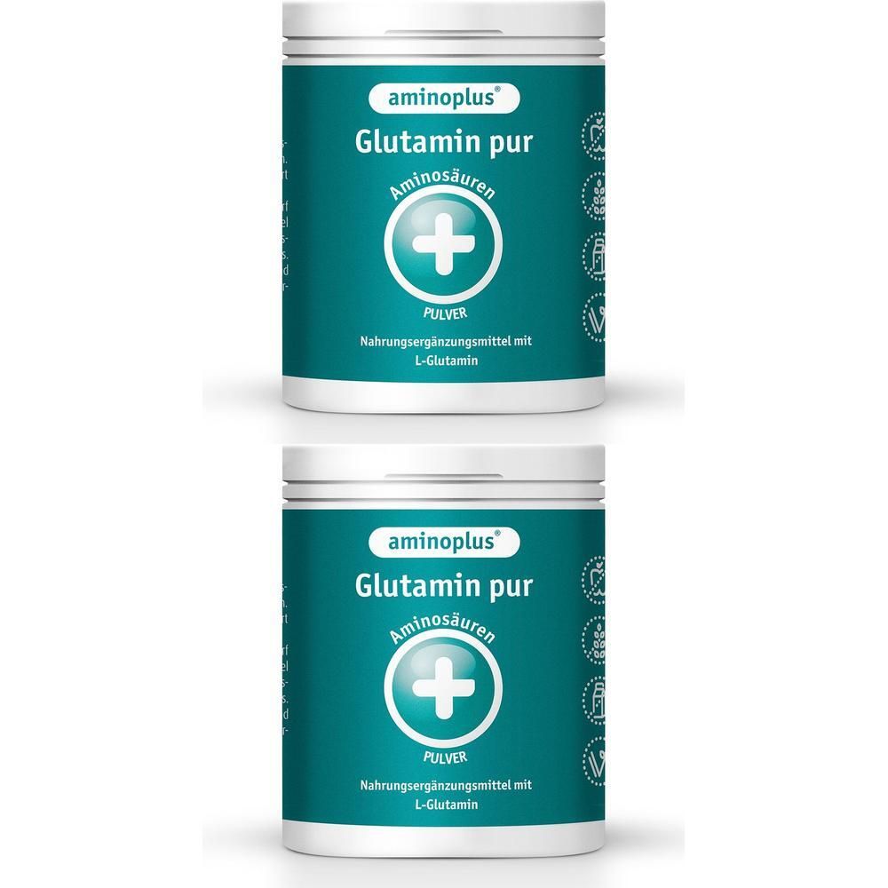Zwei weiße Dosen mit blau-grünen Etiketten. Aufschrift: aminoplus Glutamin pur, Aminosäuren, Pulver. Nahrungsergänzungsmittel mit L-Glutamin.