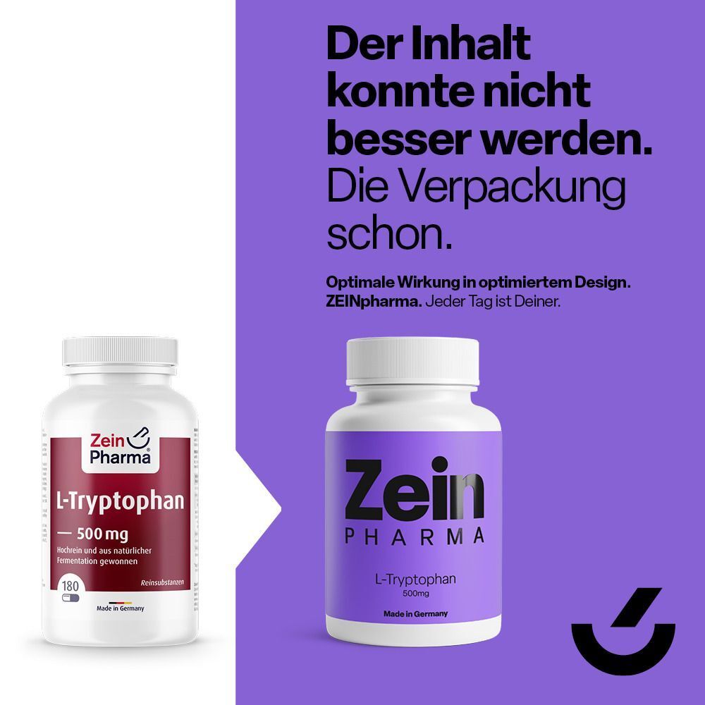 Zwei Flaschen, eine mit rotem, eine mit lila Etikett. Text: Zein Pharma, L-Tryptophan 500 mg, 180 Kapseln.