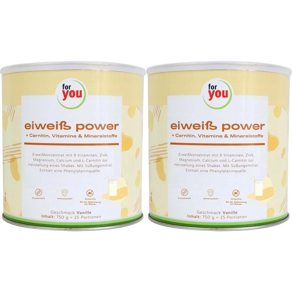Zwei Dosen 'For you' Eiweiß Power Vanille. Gelbe Dosen mit grüner Aufschrift. Enthält Carnitin, Vitamine und Mineralstoffe.