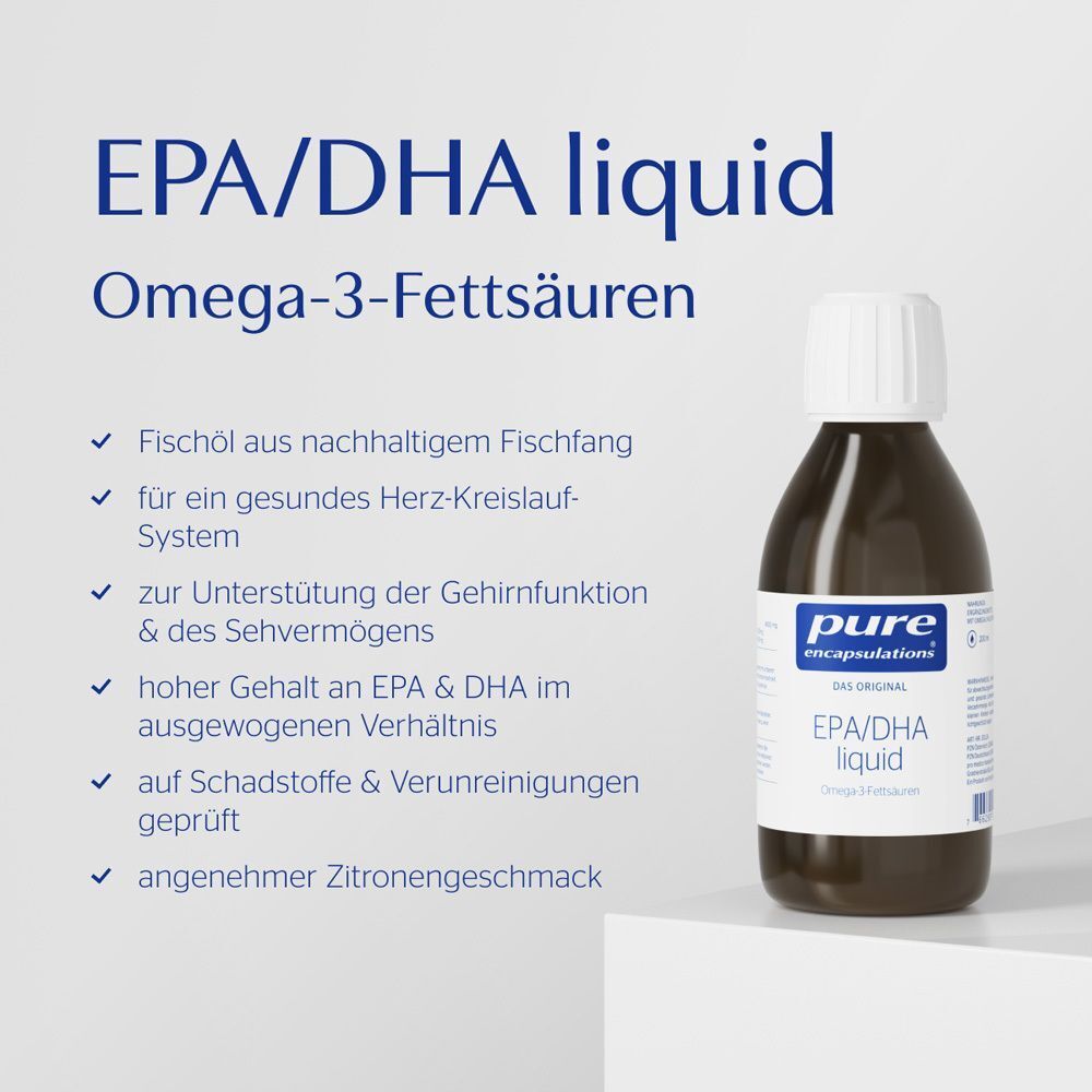 Eine braune Flasche mit weißem Verschluss. Text: EPA/DHA liquid, Omega-3-Fettsäuren. Auflistung von Vorteilen.
