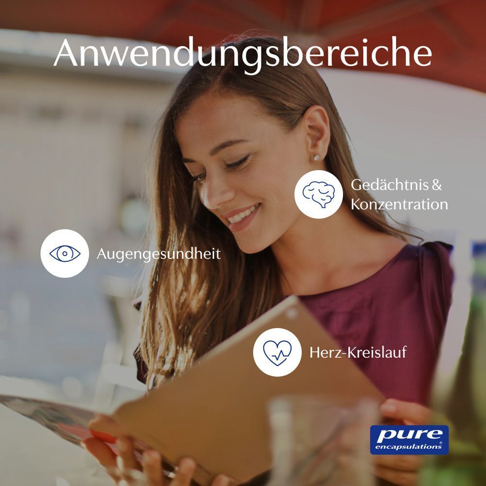 Eine Frau sitzt an einem Tisch und liest. Grafiken zeigen Augengesundheit, Gedächtnis und Herz-Kreislauf.