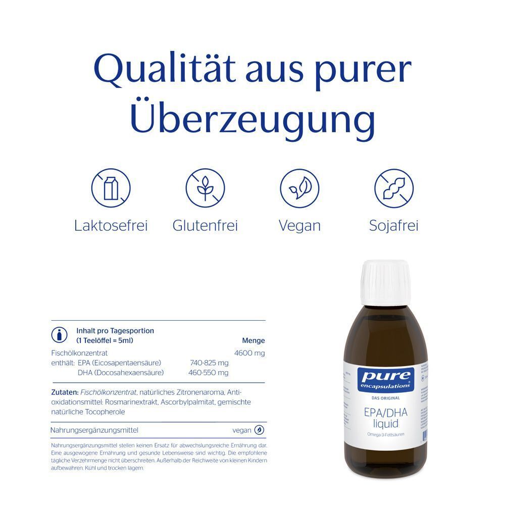 Braune Flasche mit weißem Verschluss. Text: EPA/DHA liquid. Grafiken zeigen: laktosefrei, glutenfrei, vegan, sojafrei.