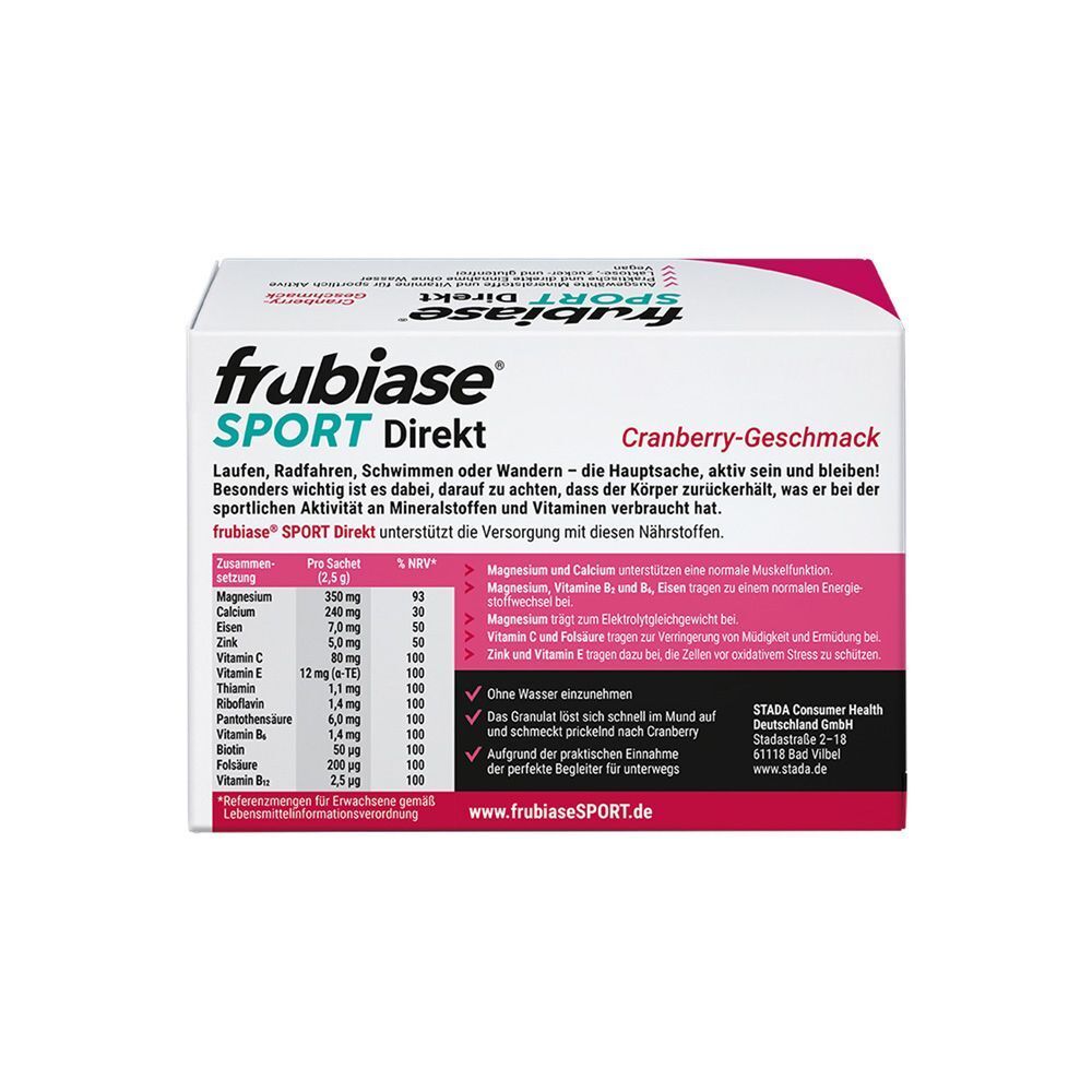 Rückseite einer frubiase® SPORT DIREKT Packung. Enthält Nährwertangaben und Informationen. Cranberry-Geschmack.