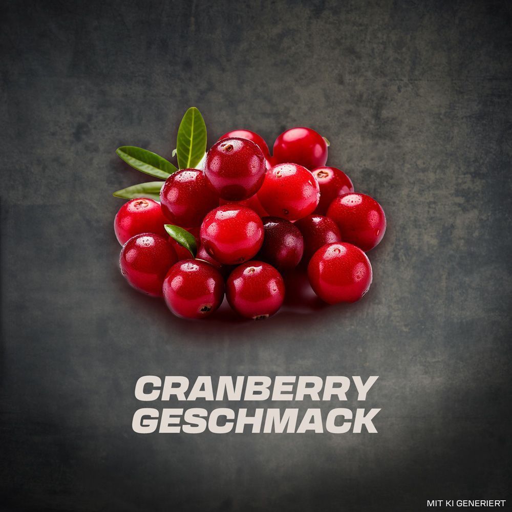 Haufen Cranberries. Text: Cranberry-Geschmack.