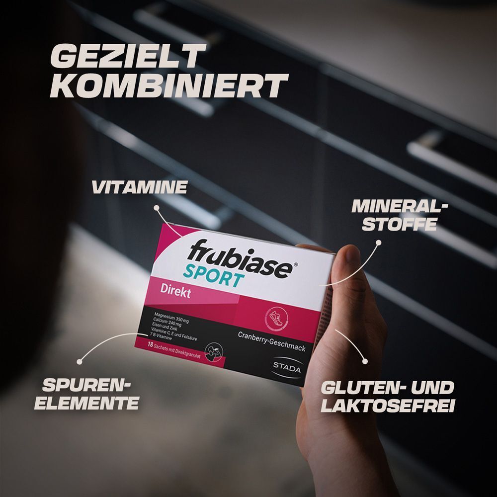 Hand hält frubiase® SPORT DIREKT Packung. Text: Vitamine, Mineralstoffe, Spurenelemente, gluten- und laktosefrei.
