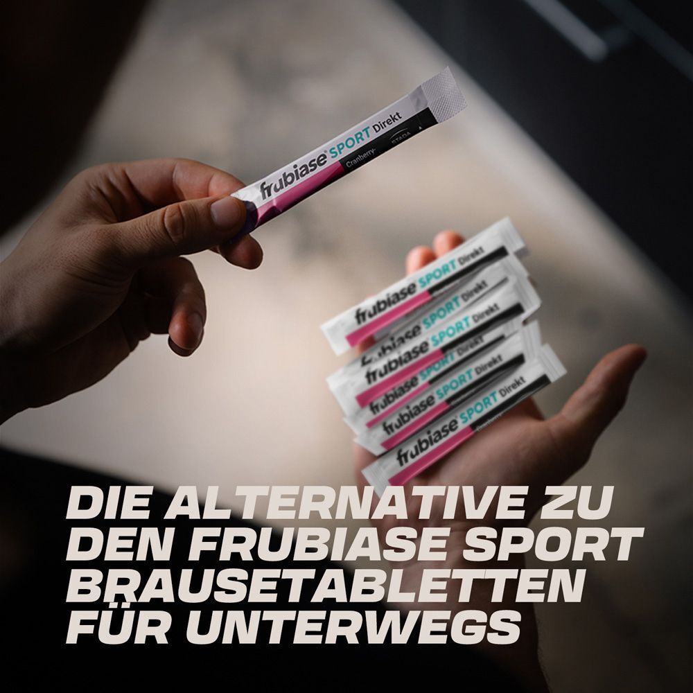 Hände halten frubiase® SPORT DIREKT Sticks. Text: Die Alternative zu den frubiase® SPORT Brausetabletten für unterwegs.