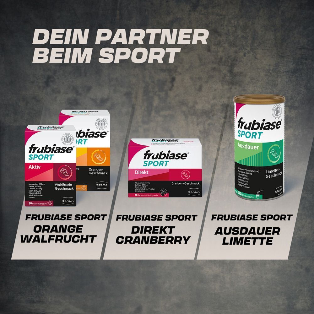 Verschiedene frubiase® SPORT Produkte. Text: Dein Partner beim Sport. Produkte: Orange, Cranberry, Limette.
