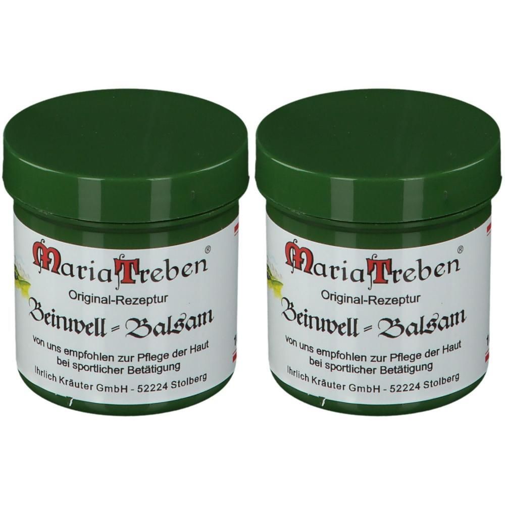 Zwei grüne Tiegel mit Deckel. Auf den Etiketten steht "Maria Treben Beinwell-Balsam". Text: Original-Rezeptur. Hersteller: rich Kräuter GmbH.