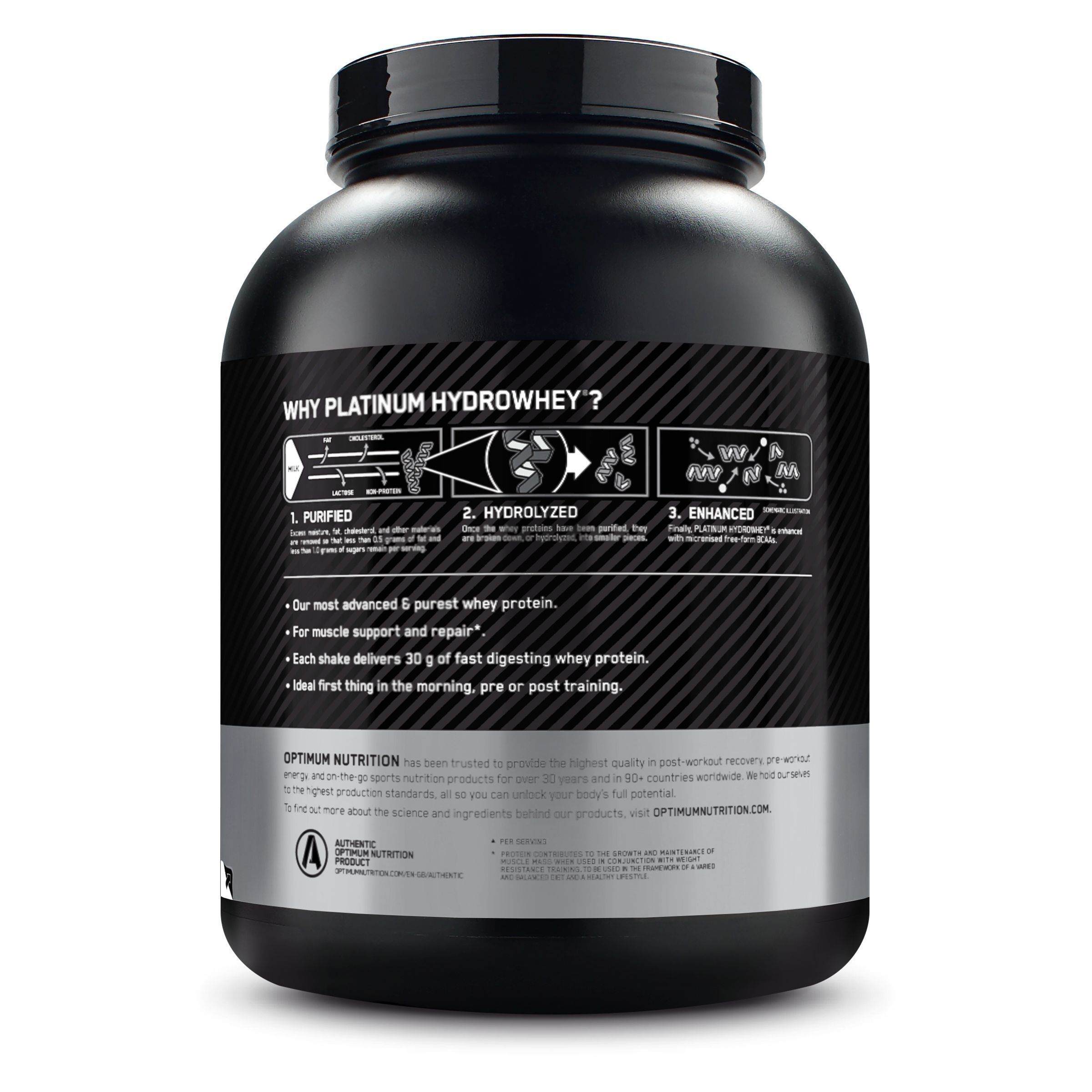 Rückseite eines schwarzen Behälters. Text: "WHY PLATINUM HYDROWHEY?" und Informationen zum Produkt.