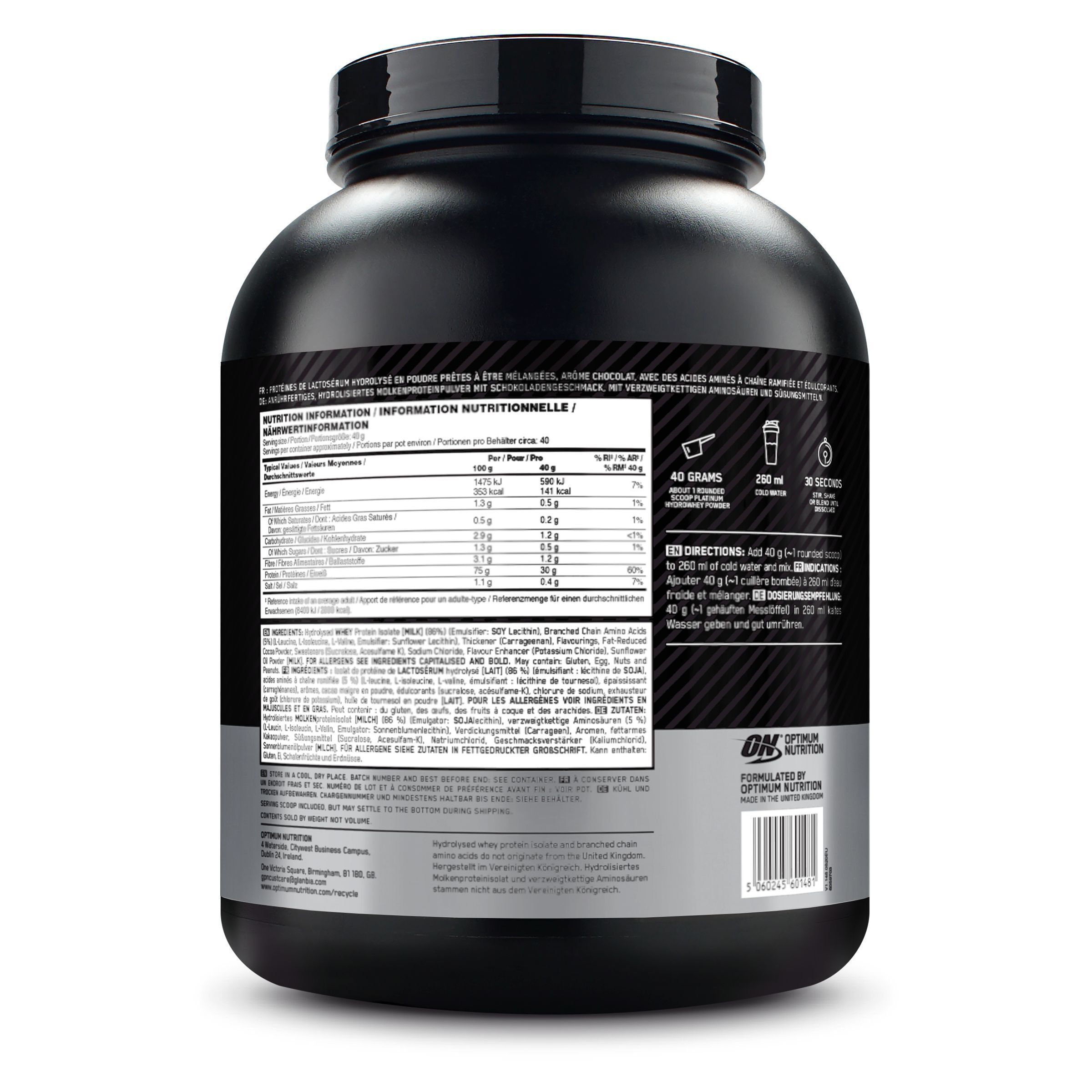 Rückseite eines schwarzen Behälters. Text: Nährwertangaben, Zubereitungshinweise und Marke: Optimum Nutrition.