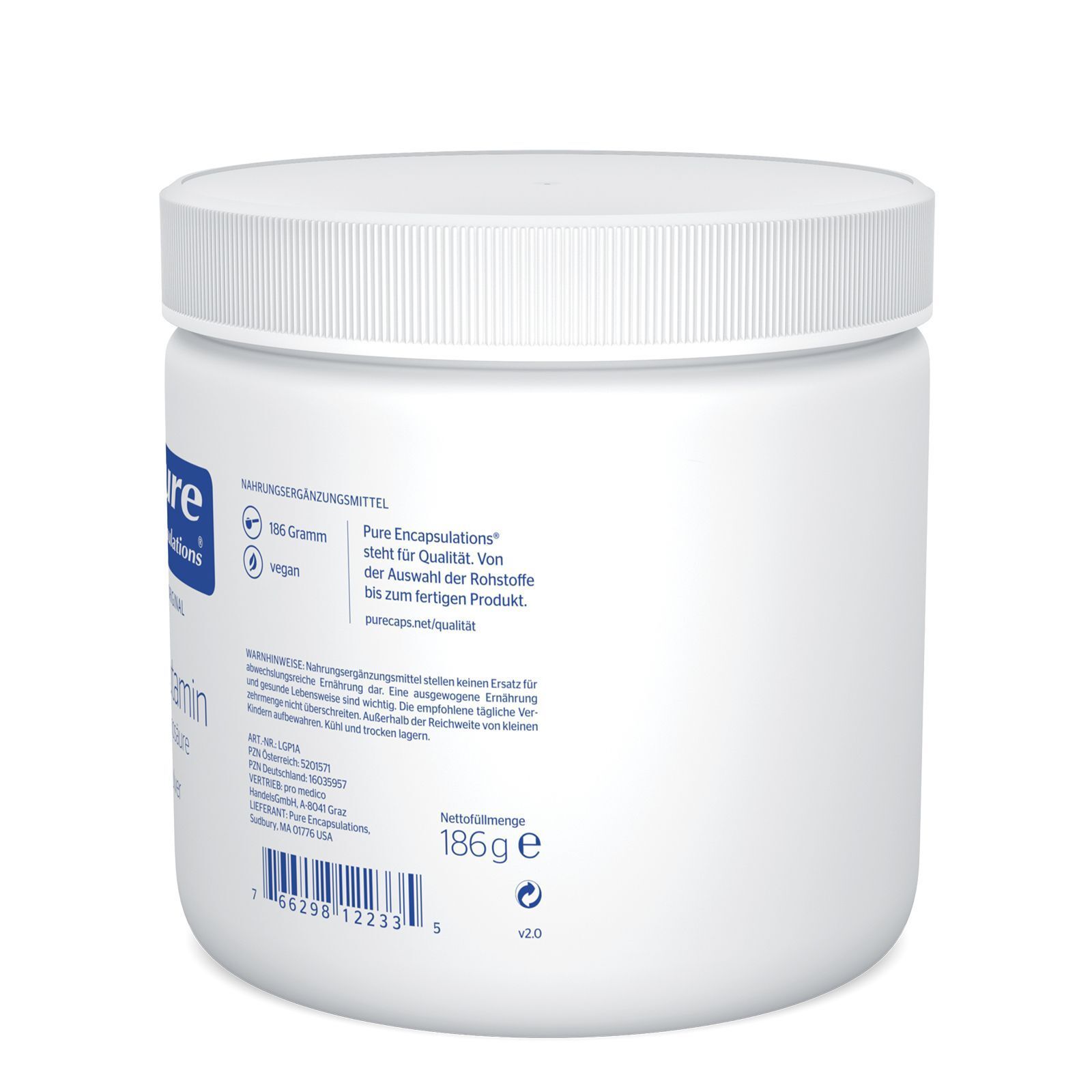 Rückseite eines weißen Behälters mit Pure Encapsulations L-Glutamin Pulver. Etikett mit Nährwertangaben und veganem Siegel.