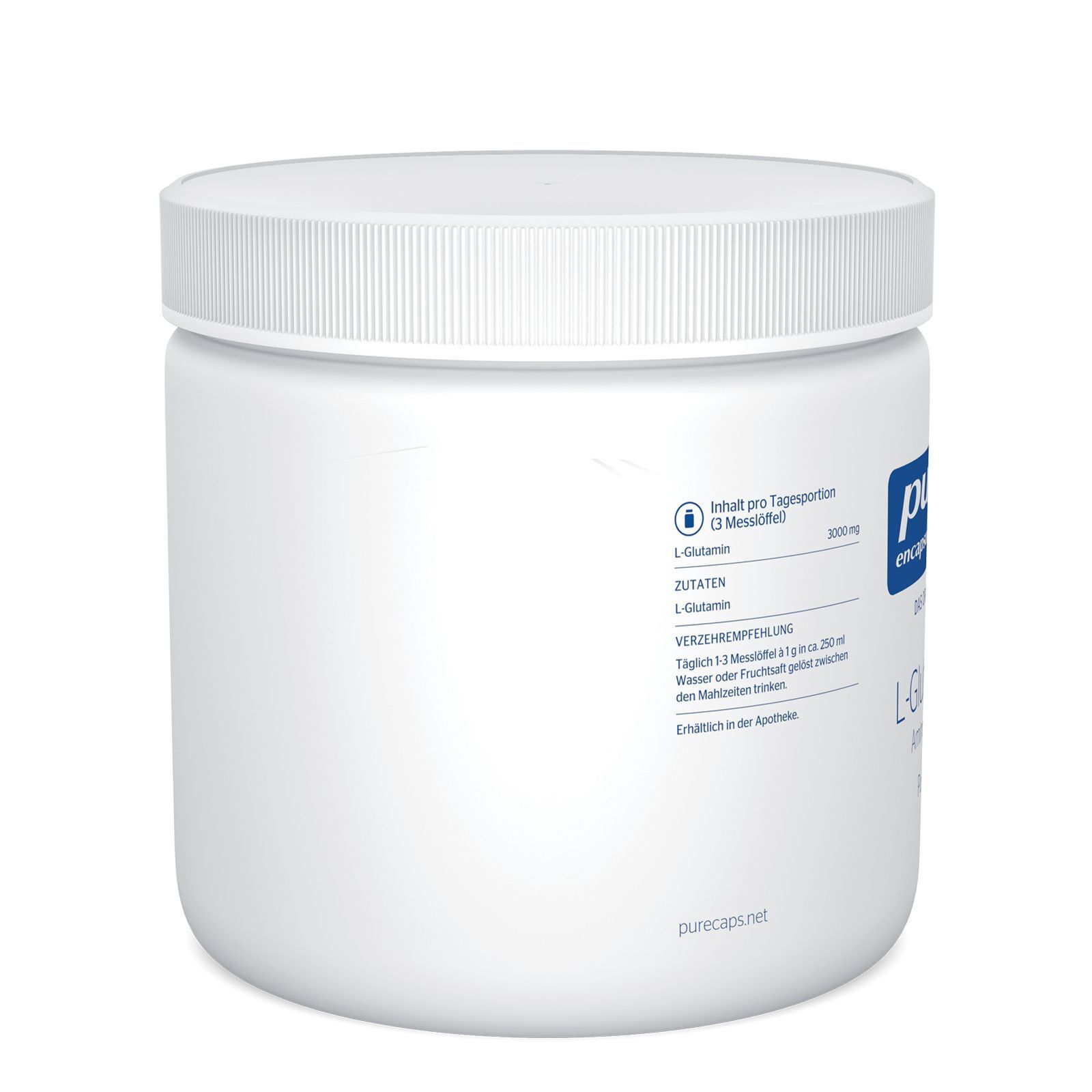 Seite eines weißen Behälters mit Pure Encapsulations L-Glutamin Pulver. Etikett mit Zutaten und Verzehrempfehlung.