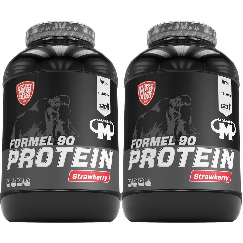 Zwei schwarze Behälter mit "FORMEL 90 PROTEIN"-Aufdruck und Erdbeer-Hinweis. Marke und Logo sichtbar.