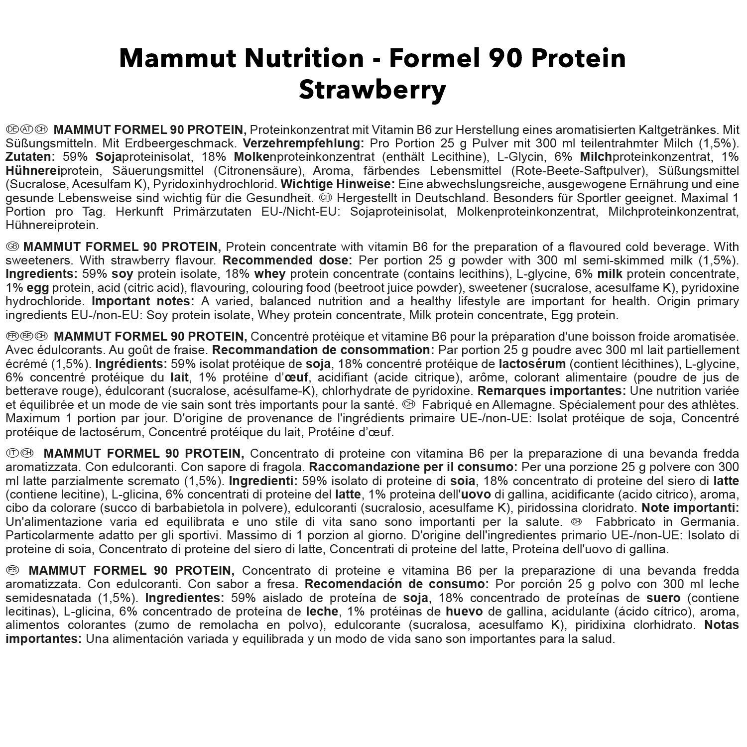 Text mit Produktinformationen: "Mammut Nutrition - Formel 90 Protein Strawberry".