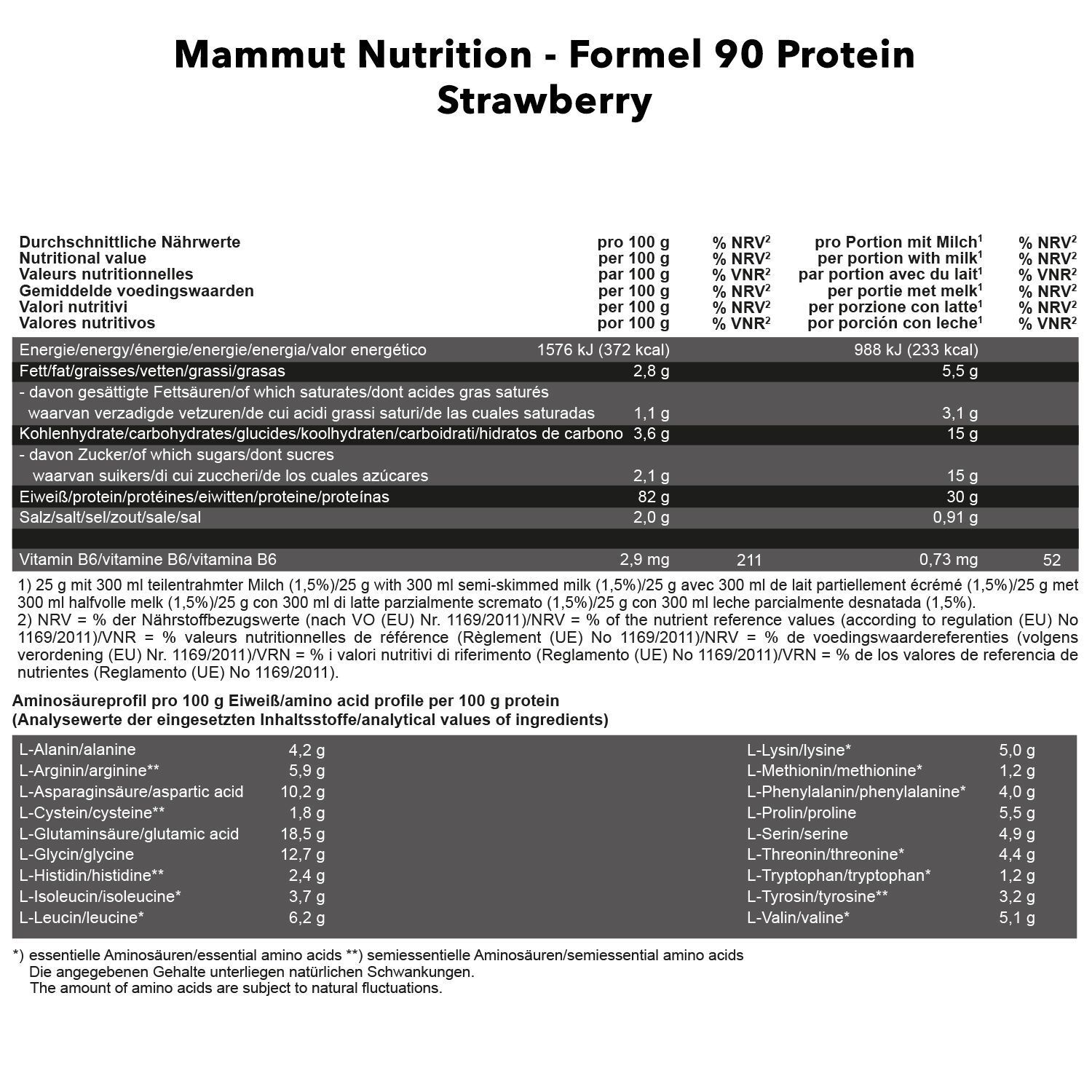 Nährwerttabelle für "Mammut Nutrition - Formel 90 Protein Strawberry".