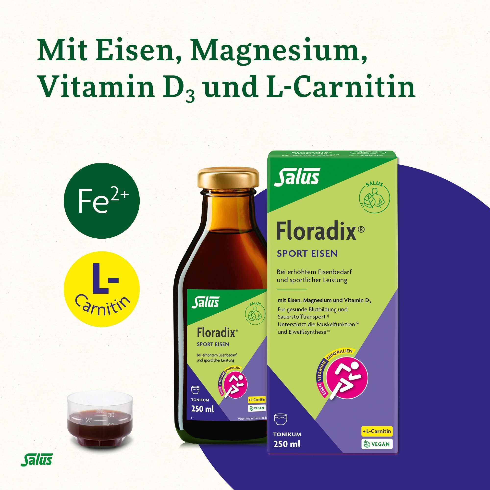Floradix Sport Eisen: Flasche, Karton, Fe2+ und L-Carnitin.