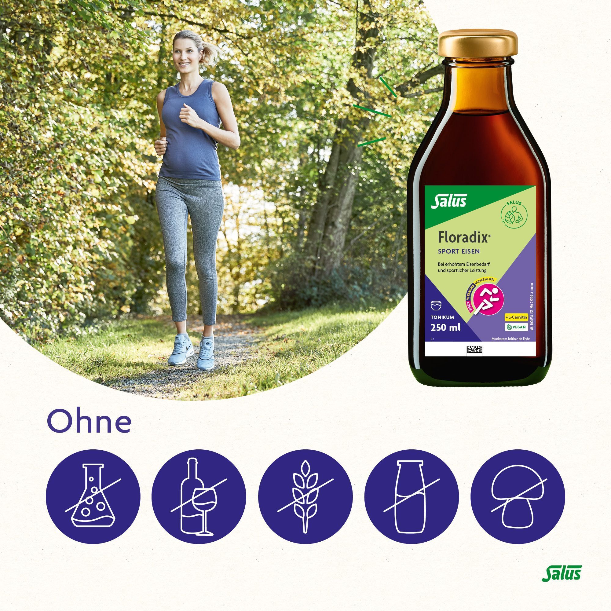 Eine Frau joggt im Wald neben einer Flasche Floradix Sport Eisen. Ohne Alkohol, Laktose, Gluten, Fruktose, Hefe.