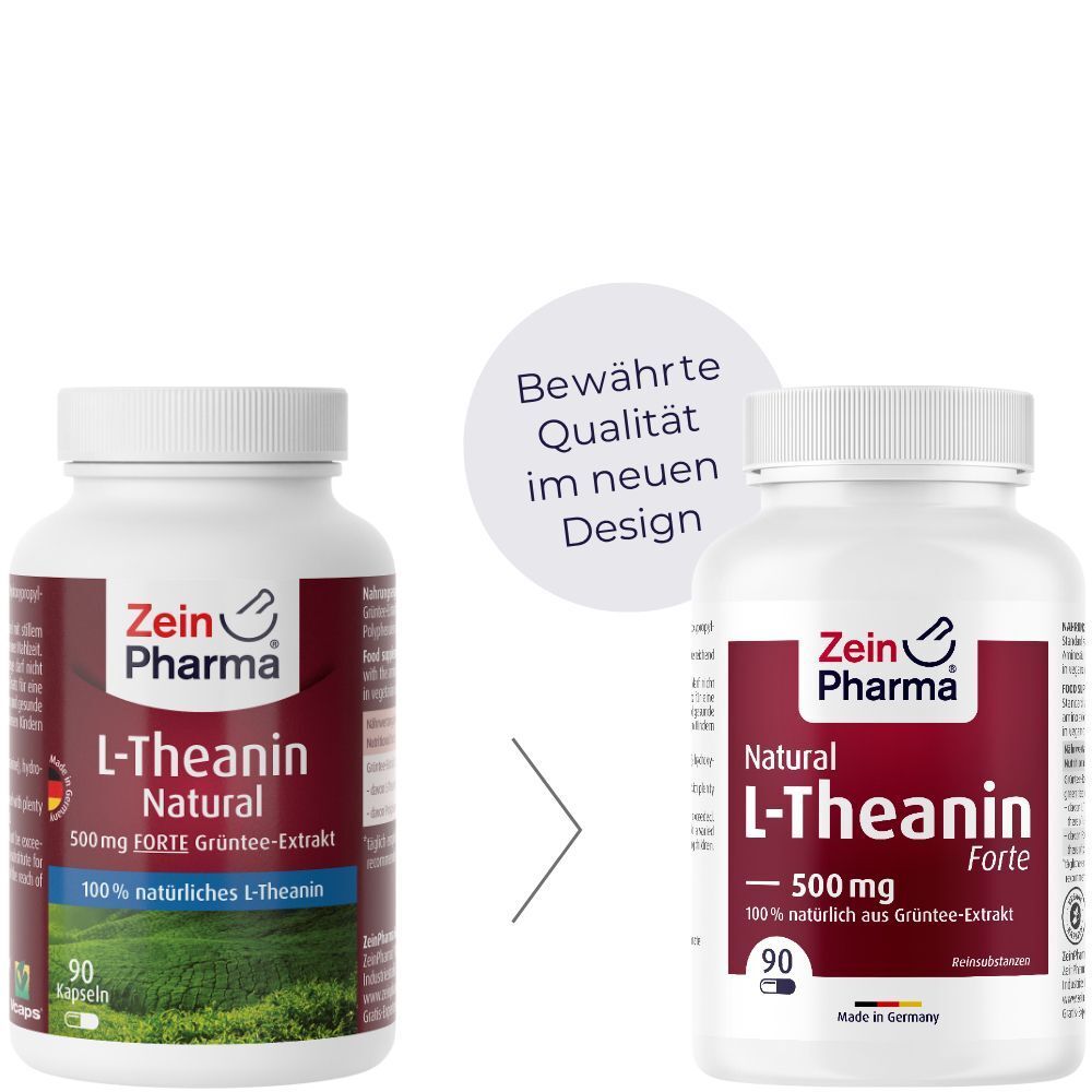Vergleich von zwei Flaschen Zein Pharma L-Theanin. Links: altes Design. Rechts: neues Design. Text: Bewährte Qualität im neuen Design.