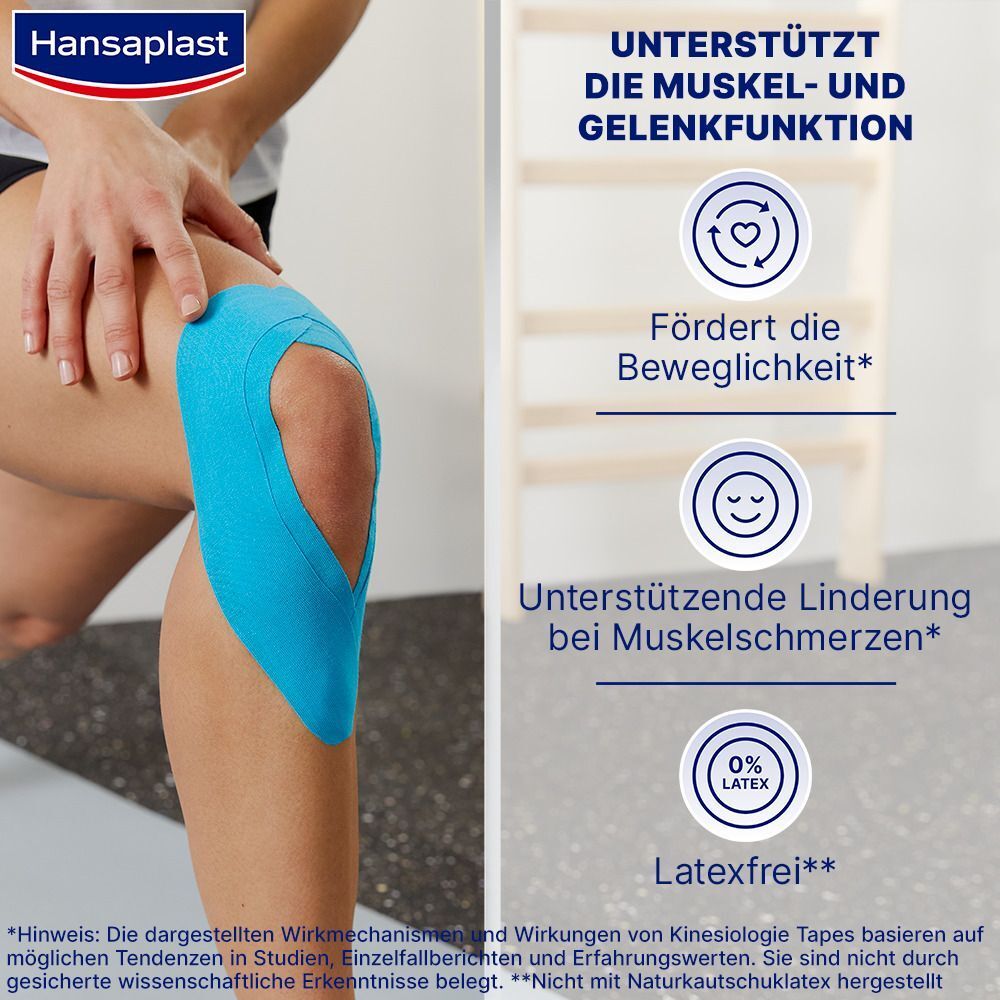 Blaues Kinesiologie Tape am Knie. Text: Unterstützt die Muskel- und Gelenkfunktion. Latexfrei.