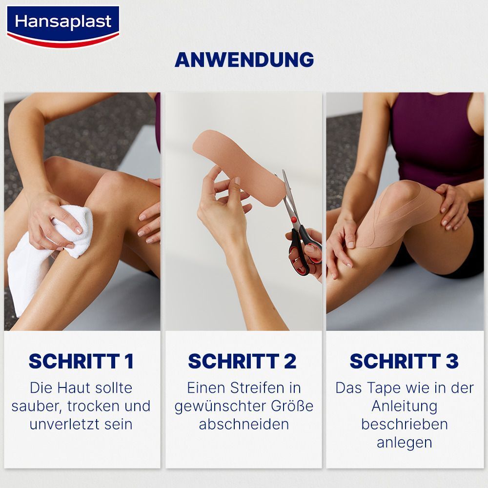 Anwendungsschritte für Kinesiologie Tape: Haut reinigen, Tape zuschneiden, anbringen.