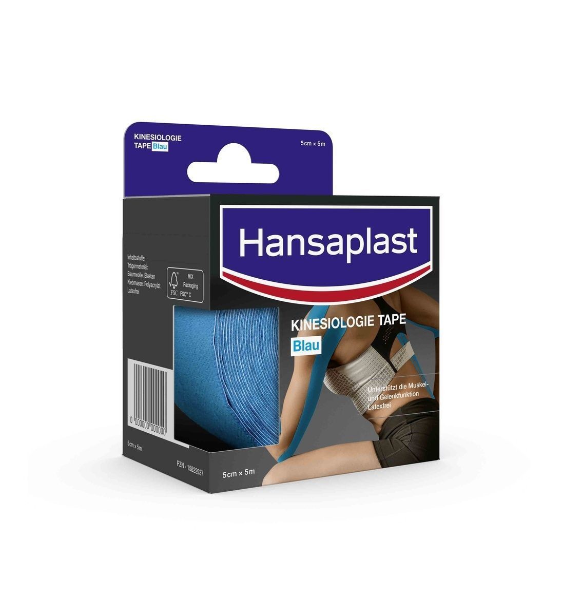 Schachtel Kinesiologie Tape Blau. Aufschrift Hansaplast. 5cm x 5m. Produktabbildung.