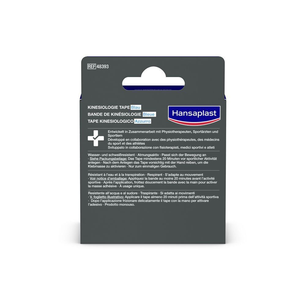 Rückseite der Schachtel Kinesiologie Tape Blau. Produktinformationen und Anwendungshinweise.