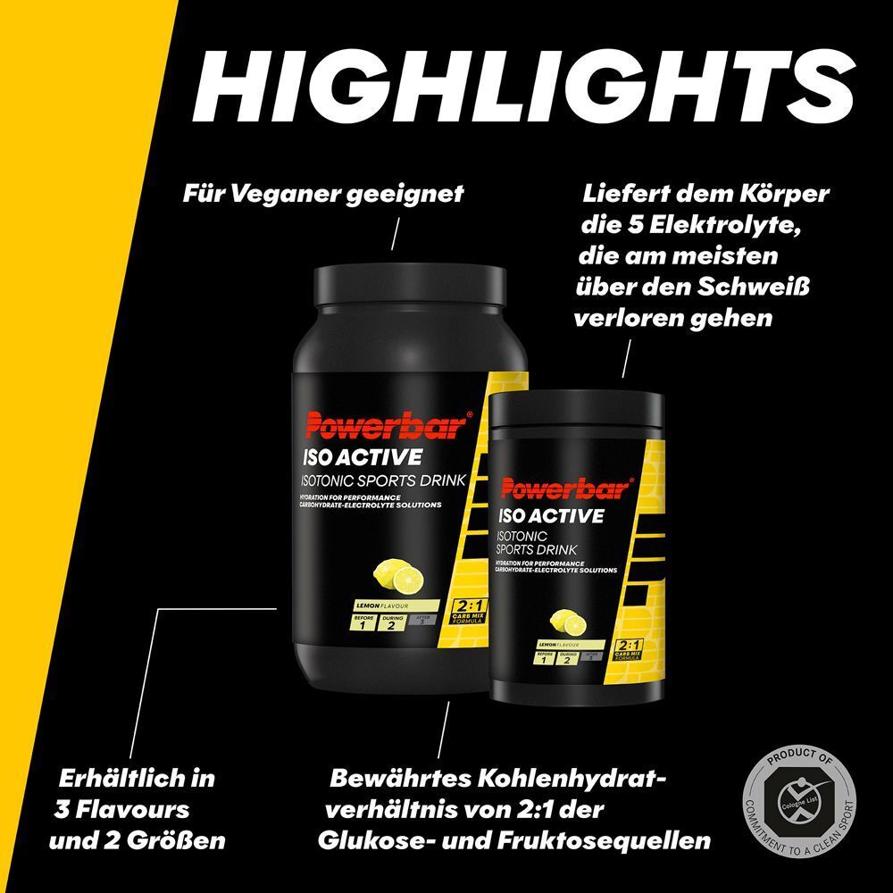 PowerBar Iso Active-Dosen, gelbes Etikett, Zitrone. Text: Für Veganer geeignet, 3 Geschmacksrichtungen, 2 Größen, 2:1 Kohlenhydratverhältnis.